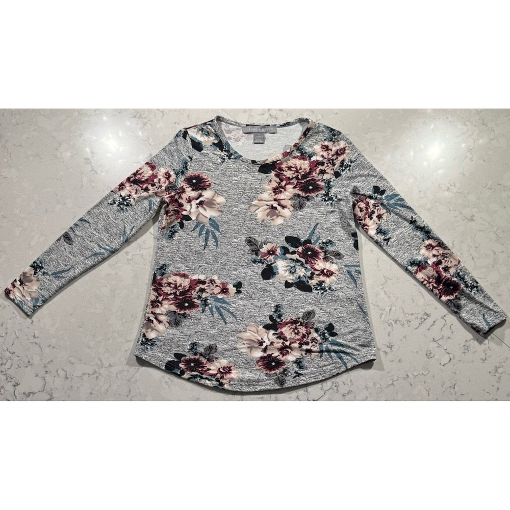 Lark‎ + Grey Blouse Top Womens Small Gray Pink Floral Knit Long Sleeve Pullover